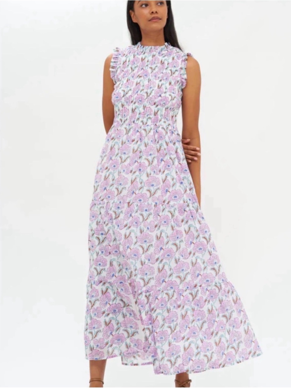 OLIPHANT sleeveless smocked maxi dress SZ small pink floral print boho-chic SALE